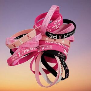 10 Lot of Pink Ribbon Breast Cancer Awareness Wrist Bands Ten 10 Bracelets